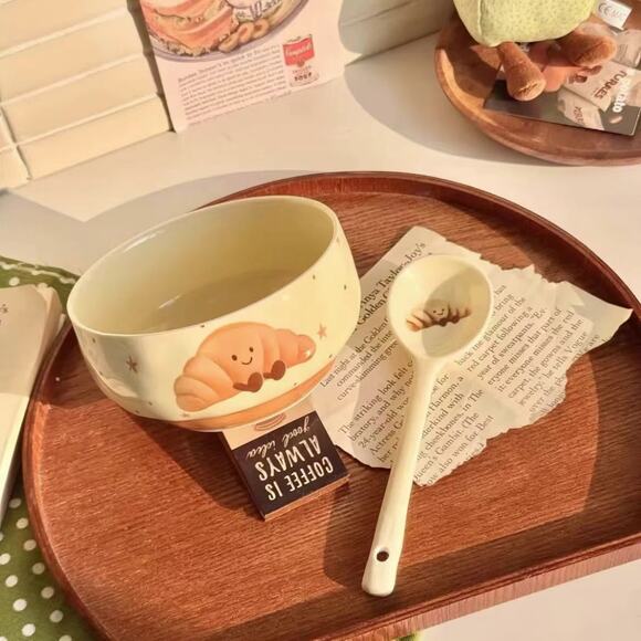 Adorable Cute Fruit Croissant Ceramic Rice Bowl with Spoon set of 4 - Picture 6 of 8